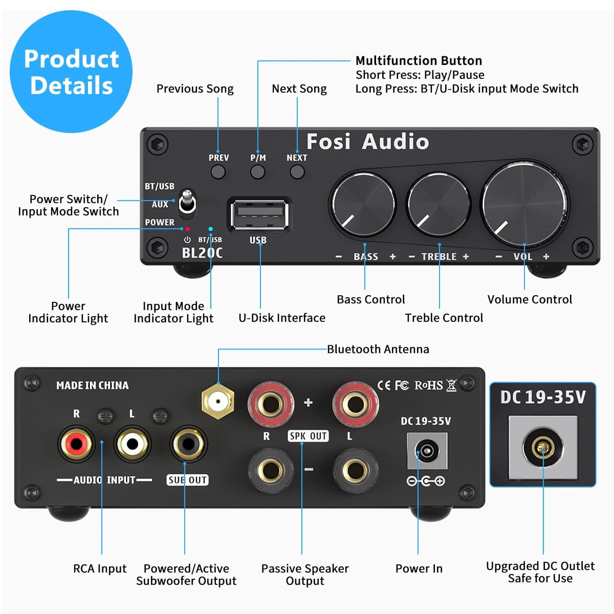 Fosi Audio-Amplificateur de puissance d'antenne Bluetooth, HiFi 160, Mini ampli de classe D, lecteur