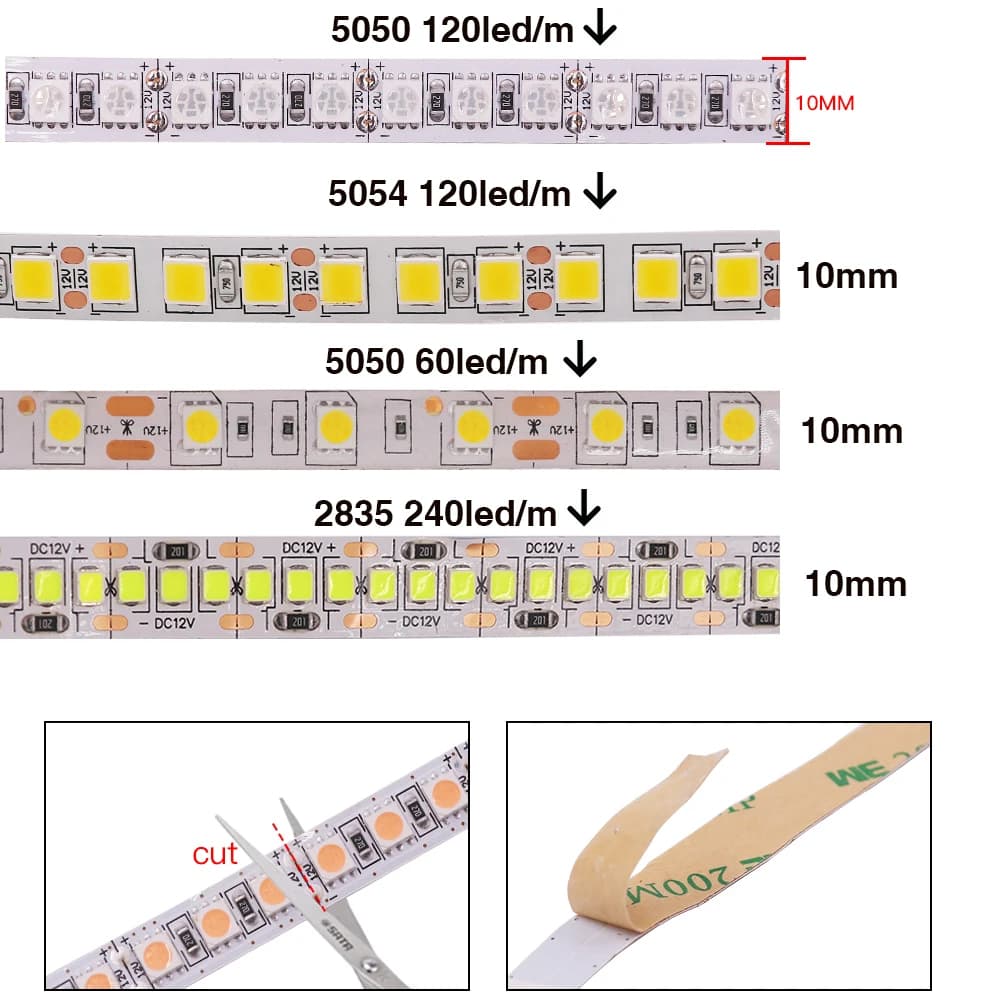 Bande lumineuse LED RGB Flexible, DC12V, 5050, 5054, 2835, 120, 240 diodes/M, blanc, rouge, bleu, ro