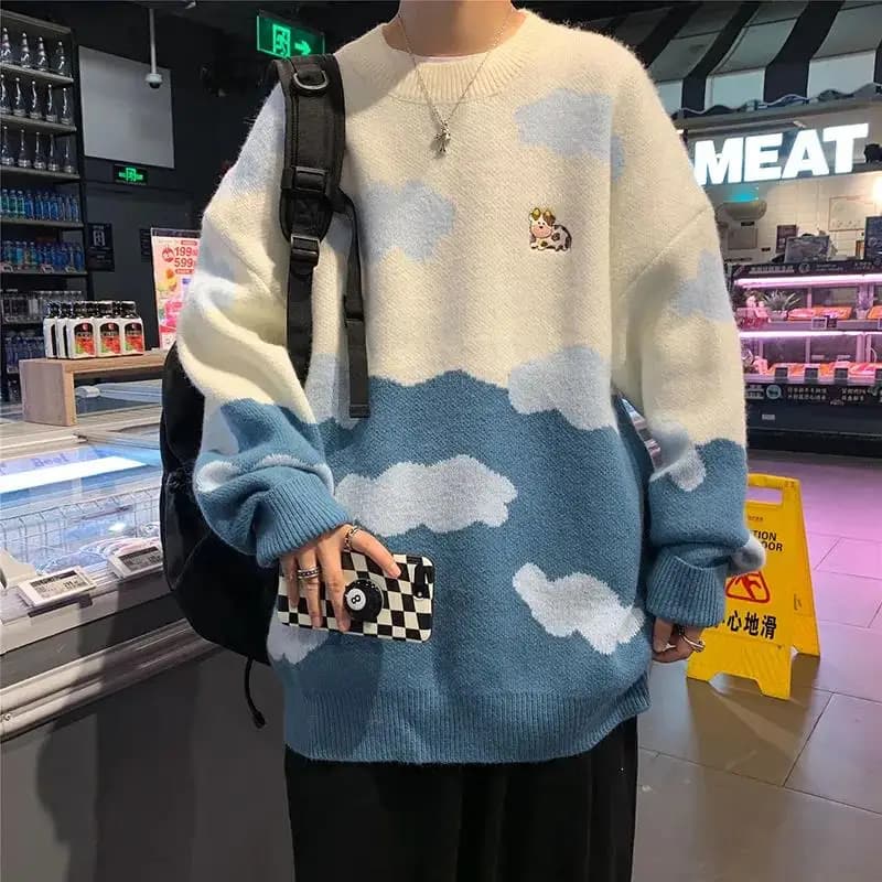 Pull bleu ciel pour femme, imprimé vache mignon, mode nuages, vêtements d'hiver, couples respirants,