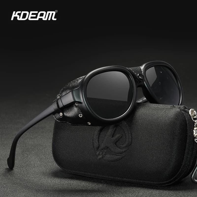 KDEAM luxe Steampunk pilote lunettes de soleil hommes et femmes en cuir souple bouclier lunettes UV4