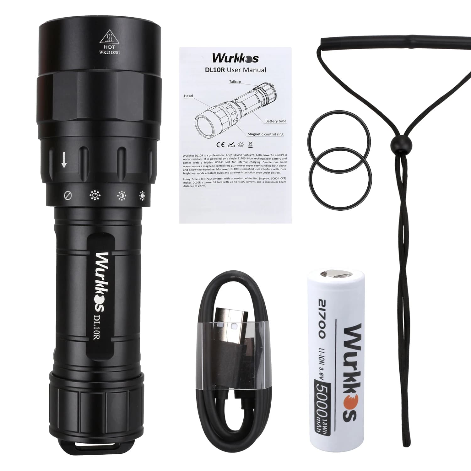 Wurkkos DL10R torche de plongée sous-marine XHP70.2 lampes de poche LED 4500lm 21700 USB-C interrupt