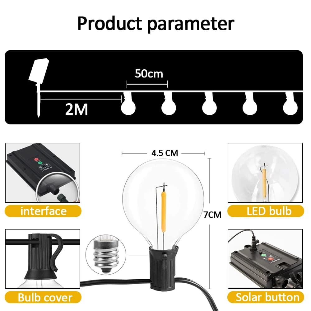 12M 30 LEDS G40 guirlandes solaires lumières de Patio extérieur solaire et alimenté par USB étanche 