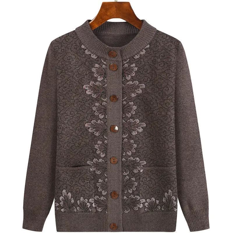 Veste cardigan en tricot pour grand-mère d'âge moyen, pull ample à manches longues avec poches, mant