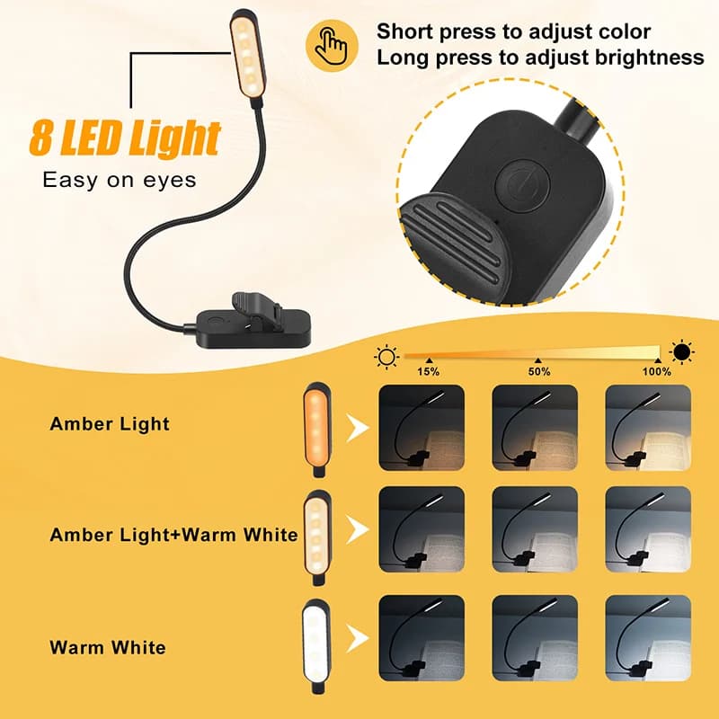Lampe de livre ambre Mini USB Led Rechargeable Flexible veilleuse lampe de bureau à clipser lampe de
