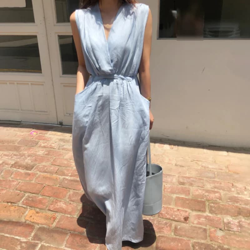Robe d'été longue bleue pour femmes, col en V profond, taille haute, proximité, ceinture Wstring, li