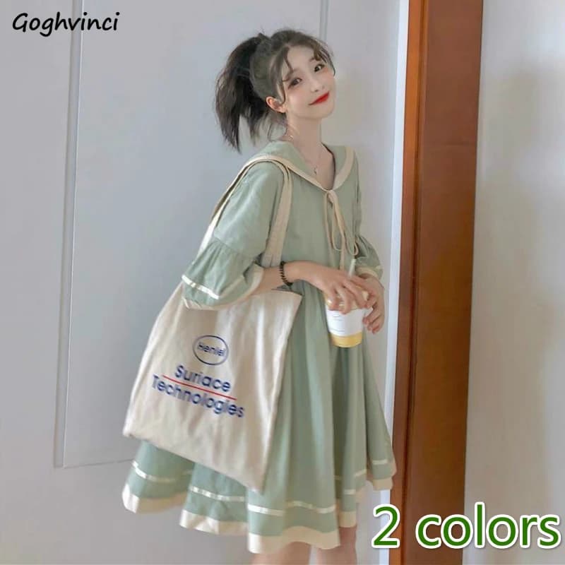 Robe trapèze à manches courtes évasées pour femmes, robe à lacets, plissée, rayée, adt Harajuku, étu