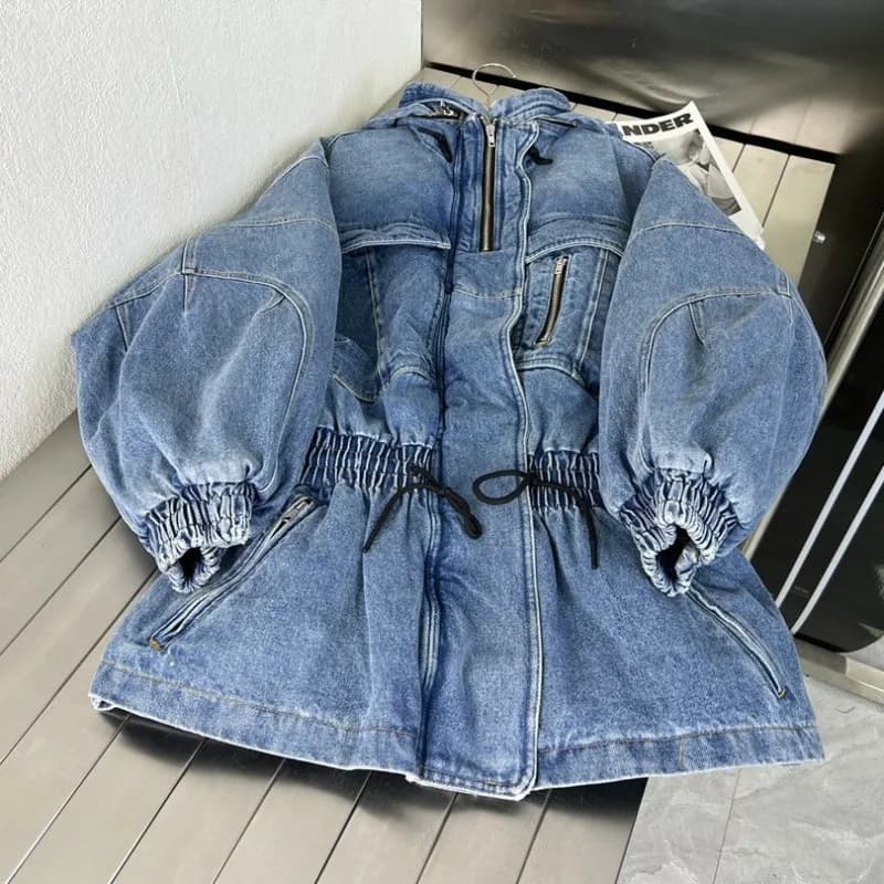 Veste en jean rembourrée mi-longue pour femme, style petit ami, taille élastique, col montant, sweat