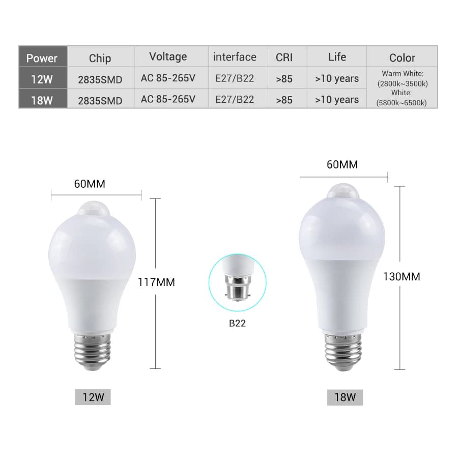 Ampoule LED avec détecteur de mouvement PIR, 220V, 110V, 12W, 18W, ampoule intelligente, marche/arrê