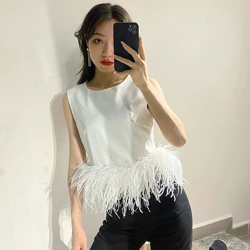 TWOTWINSTYLE noir Patchwork plumes mode coréenne petit haut femmes col rond sans manches mince hauts