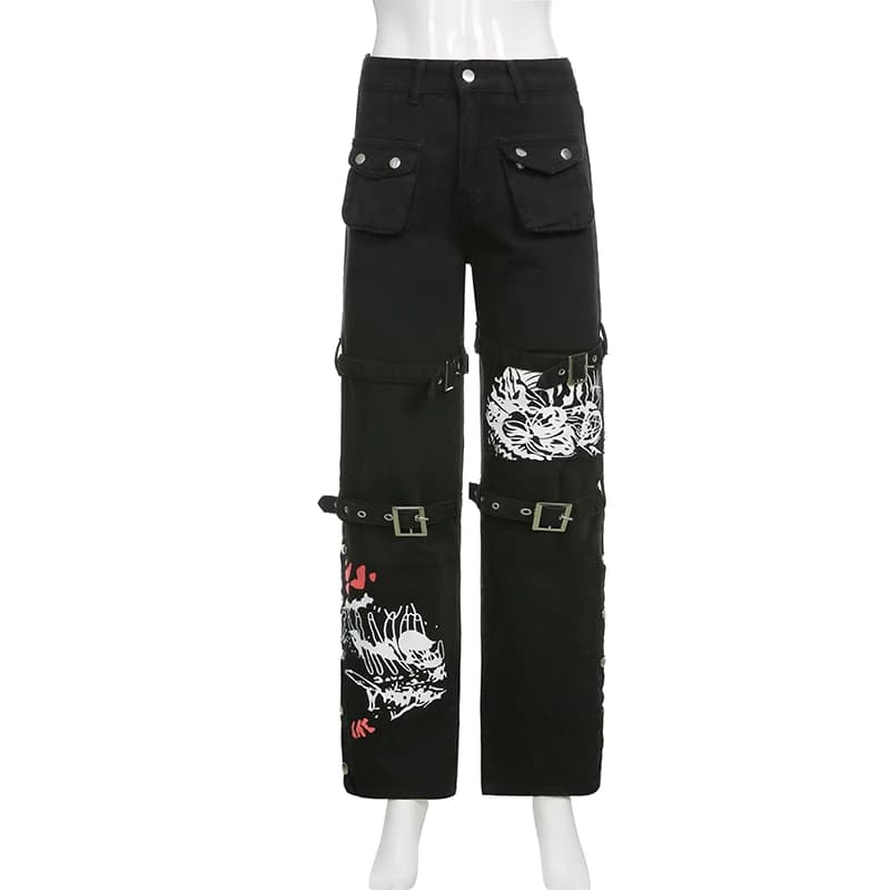 E-girl gothique noir Cargo pantalon Capri femmes taille basse jean pantalons longs Y2K Grunge Vintag