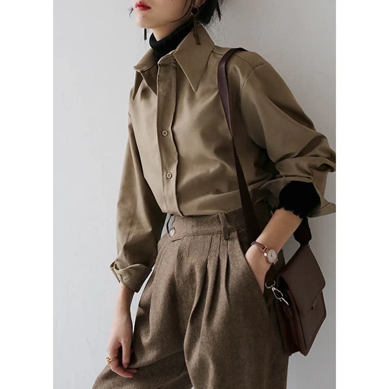 QOERLIN café Blouse femmes printemps automne décontracté couleur unie à manches longues chemise femm