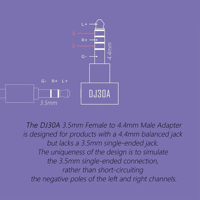 Adaptateur DD ddHiFi DJ30A 3,5 mm femelle vers 4,4 mm mâle s'applique au câble pour écouteurs 3,5 mm