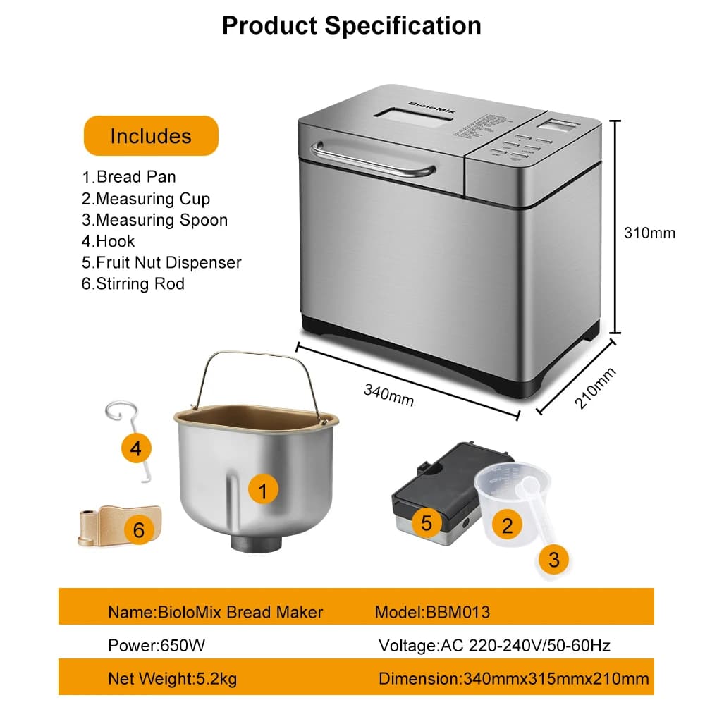 Biolomix – Machine à pain automatique en acier inoxydable, 1KG, 19 en 1, 650W, Machine à pain Progra