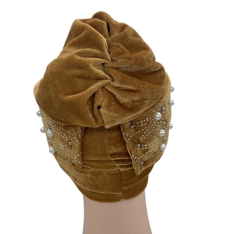 Bonnet turban en velours doux avec perles pour femmes, Hijab musulman, enveloppes de tête, vêtements