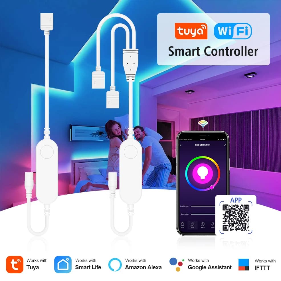 Tuya Smart Life APP 5V-24V WiFi 3 broches 4 broches RGB LED bande lumineuse télécommande sans fil ma
