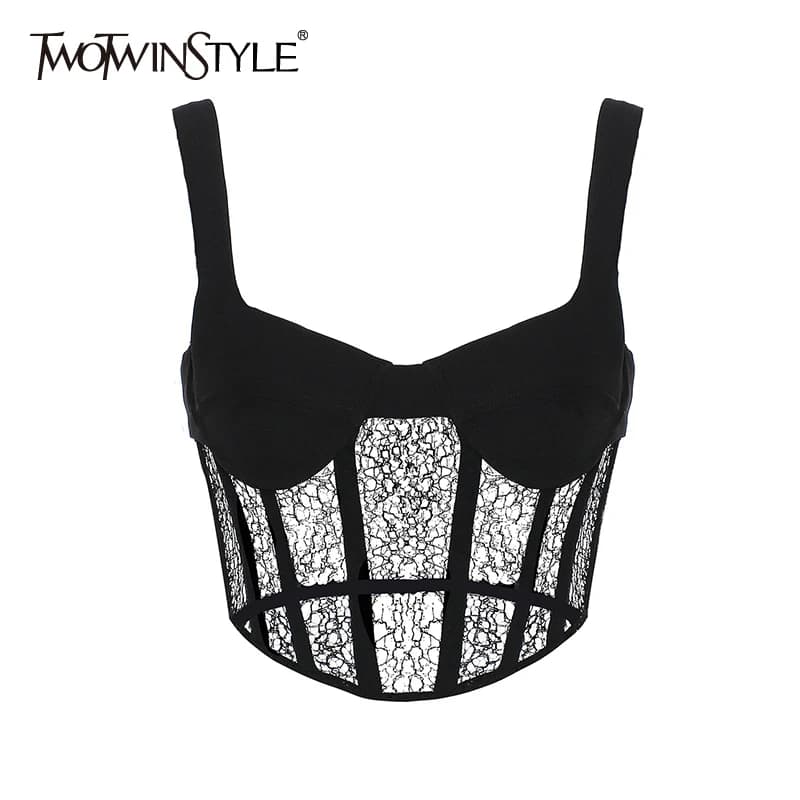 TWOTWurea YLE-Patchwork de dentelle pour femme, col carré en fibre solide, évidé, court, précieux, m