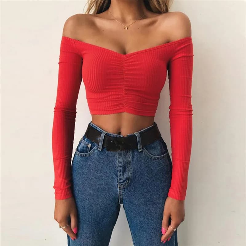 Hors épaule haut court femmes été à manches longues t-shirt col en V t-shirt élégant fête Club t-shi