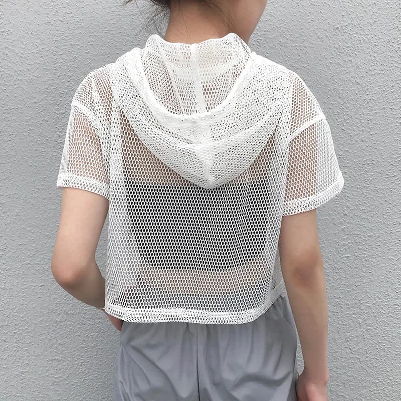 T-shirt à capuche en maille creuse pour femme, t-shirt à manches courtes, noir transparent, fête Clu
