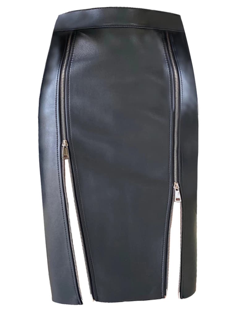 Lautaro – jupe mi-longue en cuir Pu noir doux pour femme, avec Double fente, fermeture éclair, taill