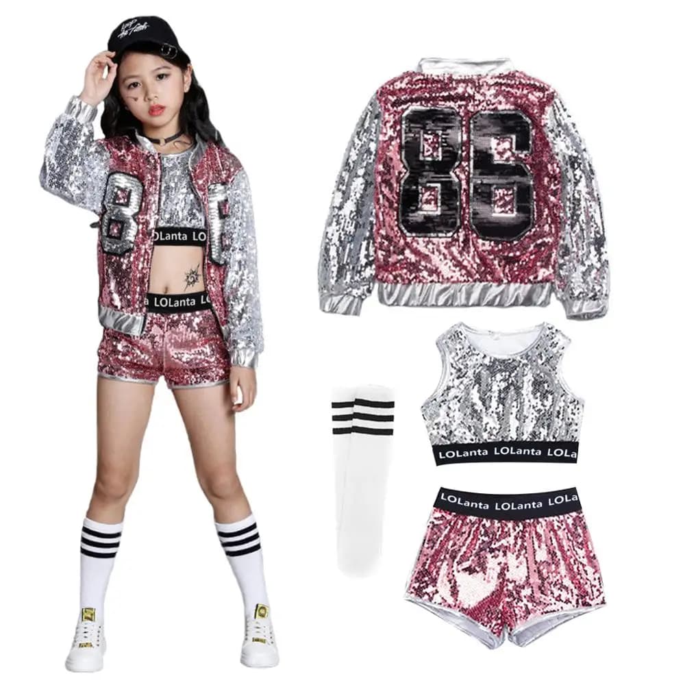 LOlanta 4-14 ans filles rose paillettes Crop Tops short veste Costume de danse Hip Hop moderne Jazz 