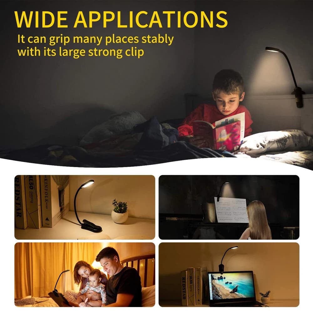 Mini lampe de lecture Rechargeable à 7 LED, 3 niveaux, blanc chaud et froid, Flexible, lampe à Clip 