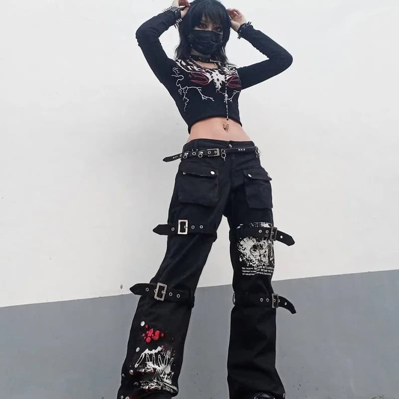 E-girl gothique noir Cargo pantalon Capri femmes taille basse jean pantalons longs Y2K Grunge Vintag