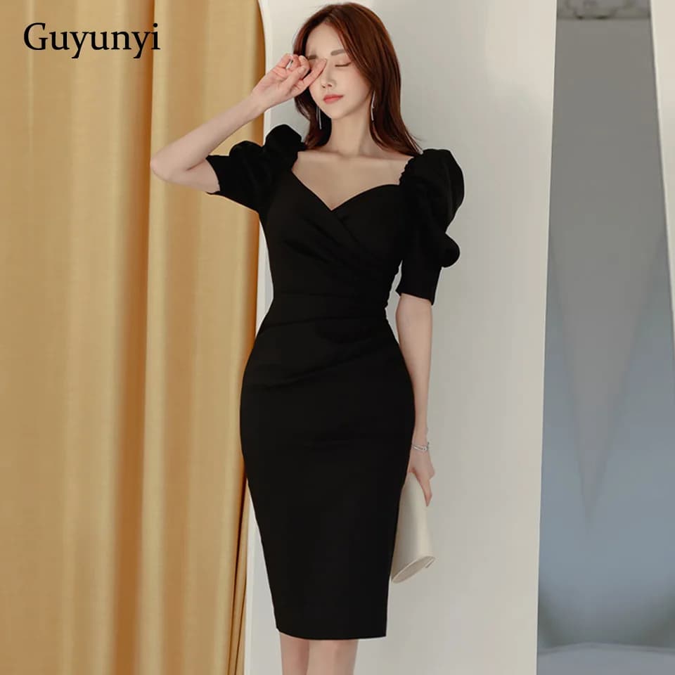 Robe crayon noire à manches bouffantes et col en V pour femmes, robe de bureau, simple, taille haute