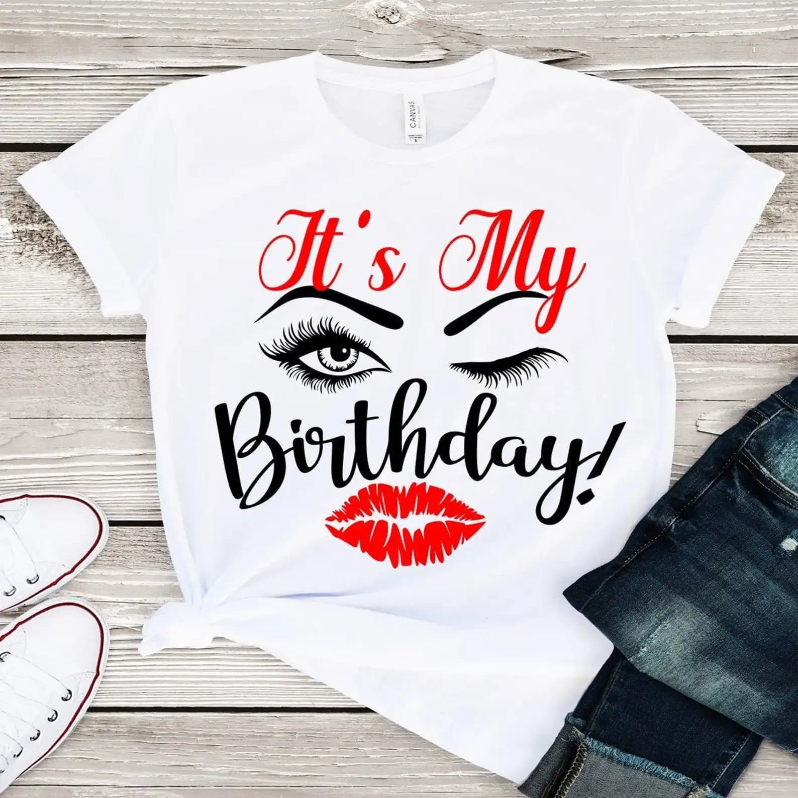 Its My Birthday Eyelash & Lips Print Shirt pour femmes, Économie graphiques, Cadeau d'anniversaire d