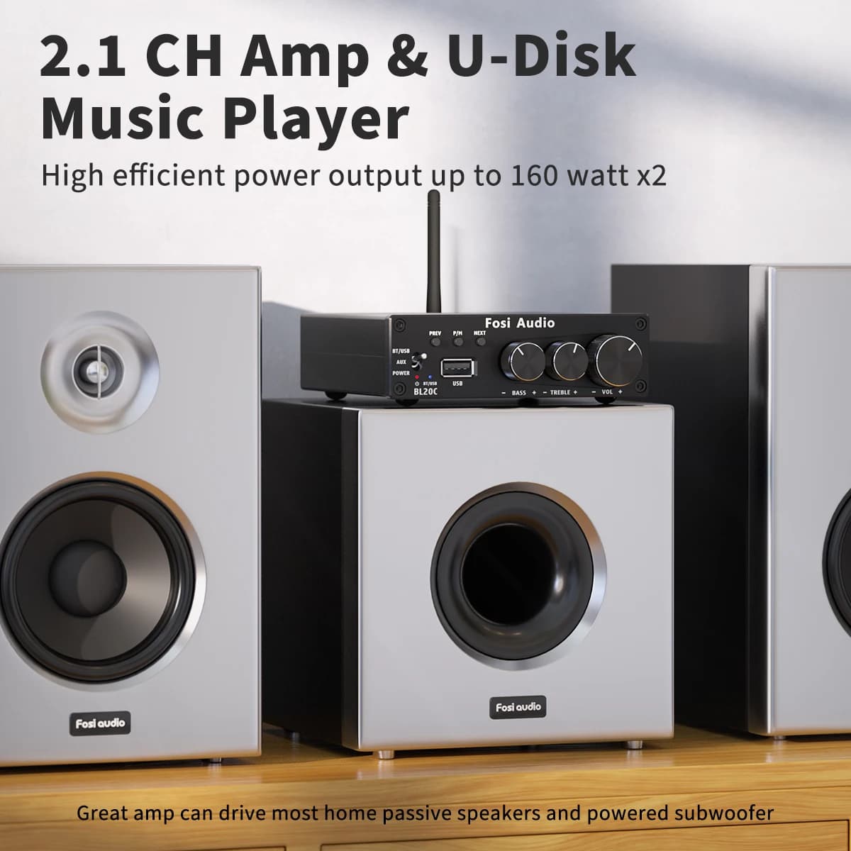 Fosi Audio-Amplificateur de puissance d'antenne Bluetooth, HiFi 160, Mini ampli de classe D, lecteur