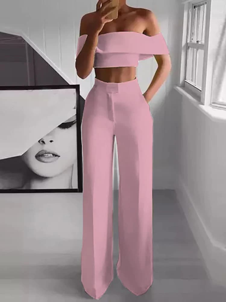 2025 été solide décontracté deux pièces ensemble femmes Sexy haut court jambe large pantalon tenues 