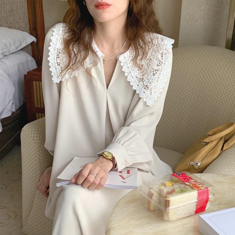 Robe longue en dentelle beige pour femme, pull à manches longues, robes maxi, col en V, droite, femm