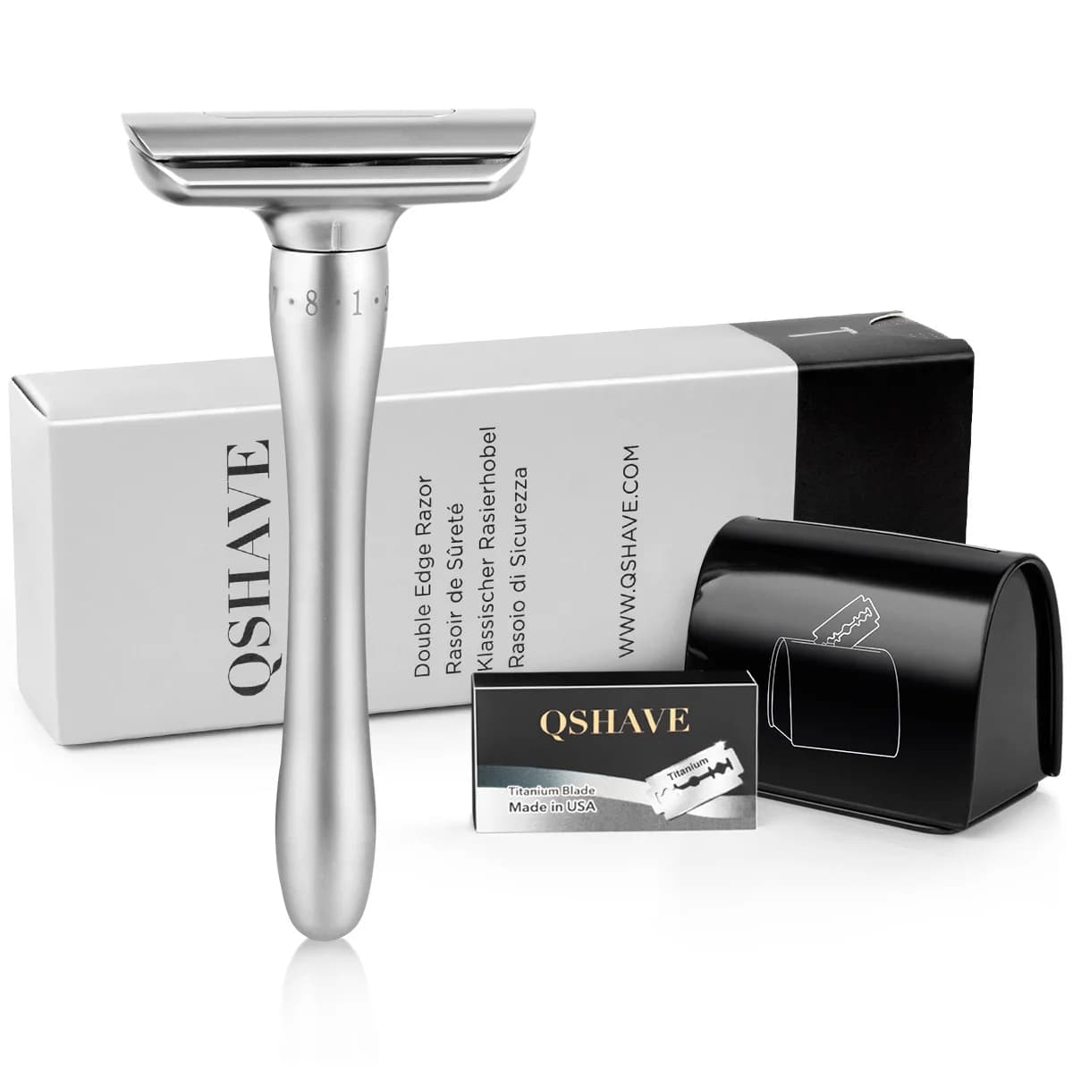 QShave – rasoir de sécurité réglable avec couvercle magnétique, 1 rasoir, 1 étui jetable et 5 lames