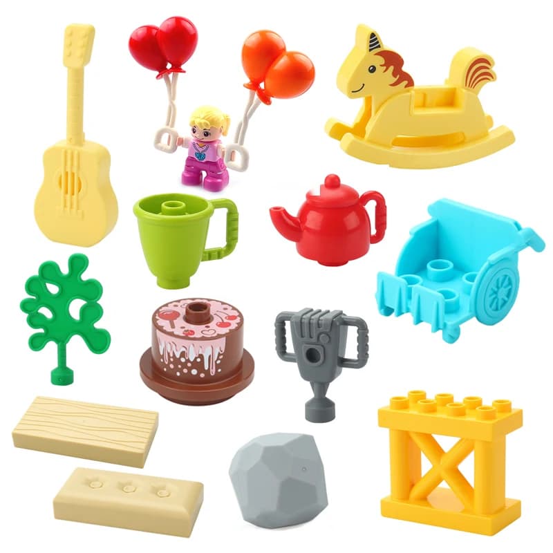 Grands blocs de construction, accessoires cheval à bascule, guitare, gâteau lithotripsie, chariot po