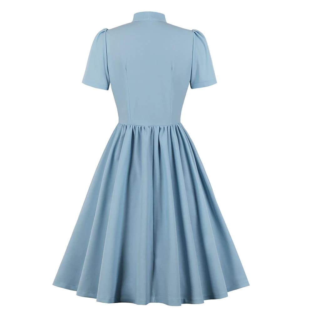 Robe plissée bleue 2025 style vintage avec nœud papillon, boutonnée, élégante pour femme, été, ceint