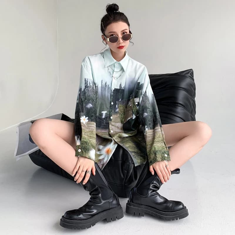 Chemisiers surdimensionnés à manches longues pour femmes, chemises imprimées à l'huile, Streetwear p
