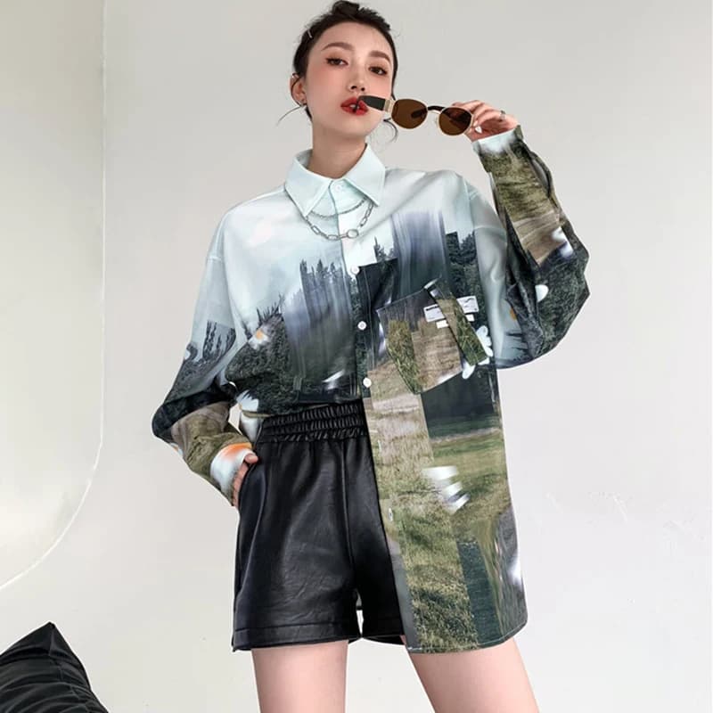 Chemisiers surdimensionnés à manches longues pour femmes, chemises imprimées à l'huile, Streetwear p
