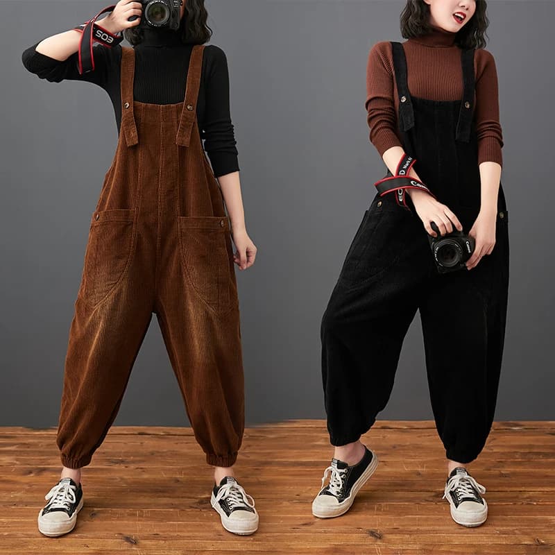 Salopette en Velours Côtelé pour Femme, Streetwear à la Mode, Grande Taille, Poches Solides, Jambes 