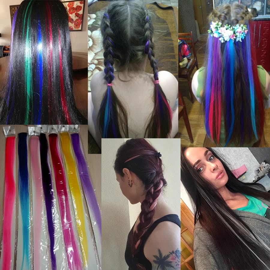 Extensions capillaires synthétiques arc-en-ciel à reflets, postiche à Clip coloré ombré, mèches colo