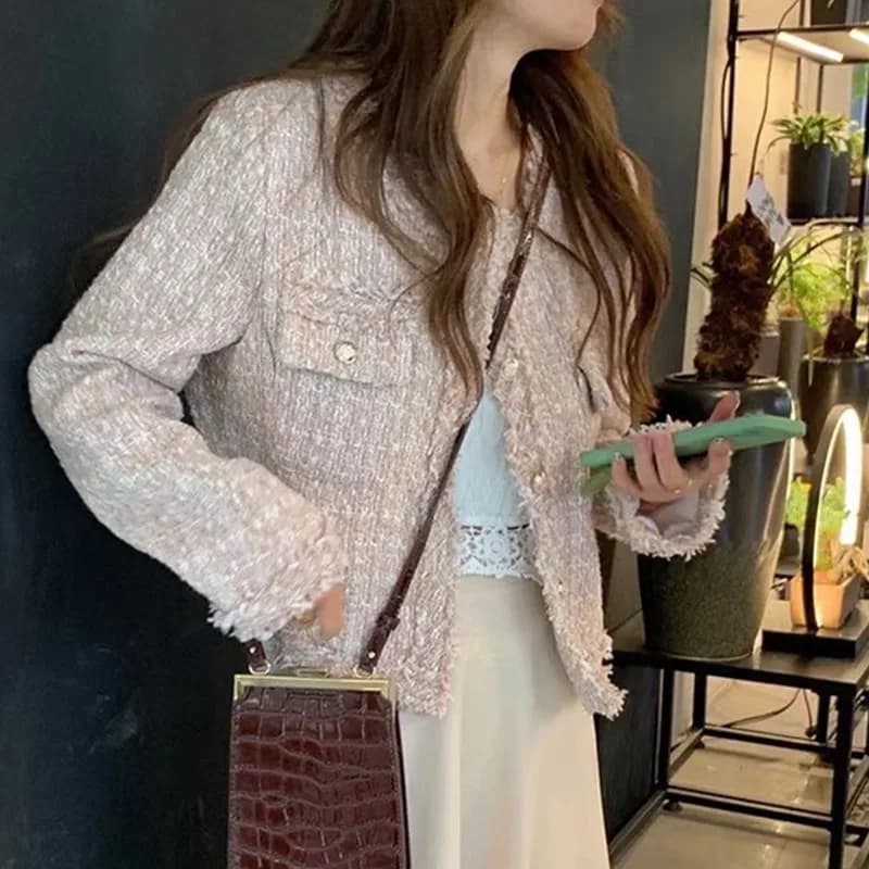 SMTHMA-Veste en Laine Tweed Vintage pour Femme, Manteau Chic Coréen, Simple Boutonnage, Plaid, Gland