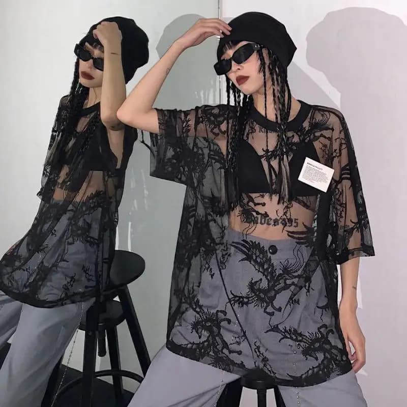 Karr233-T-shirt surdimensionné en maille et dentelle pour femme, t-shirt sexy, transparent, semi-tra