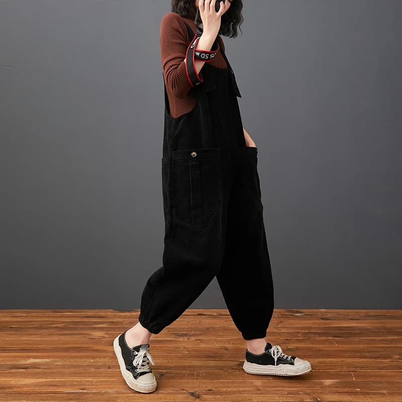 Salopette en Velours Côtelé pour Femme, Streetwear à la Mode, Grande Taille, Poches Solides, Jambes 