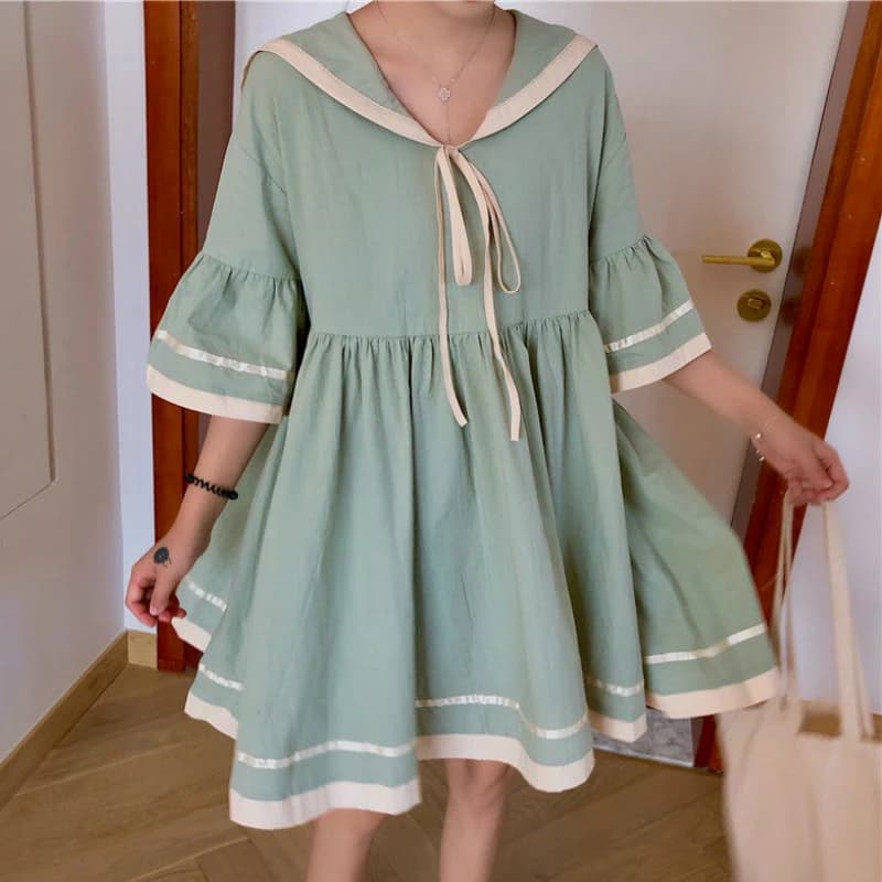 Robe trapèze à manches courtes évasées pour femmes, robe à lacets, plissée, rayée, adt Harajuku, étu