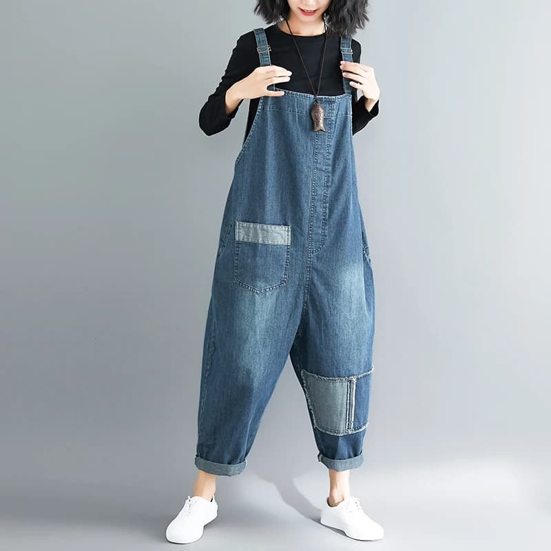 Salopette en Jean Vintage pour Femme, Vêtement en Denim, Surdimensionné, Patchwork, Solide, Décontra