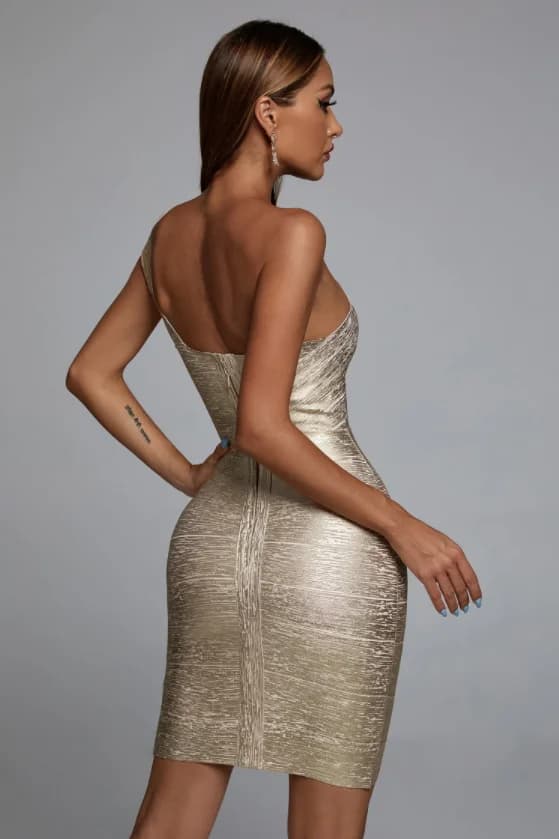 Haute qualité célébrité une épaule Foiling or imprimé rayonne robe de pansement élégant Club robe de