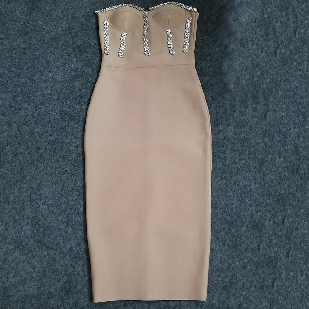 Robe mi-longue à bandes, Sexy, sans bretelles, moulante, élégante, avec perles, pour soirée, boîte d