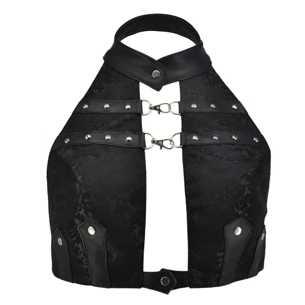 Haut gothique en Brocade et cuir noir pour femmes, vêtements Vintage, accessoires, Punk Rock, dos nu