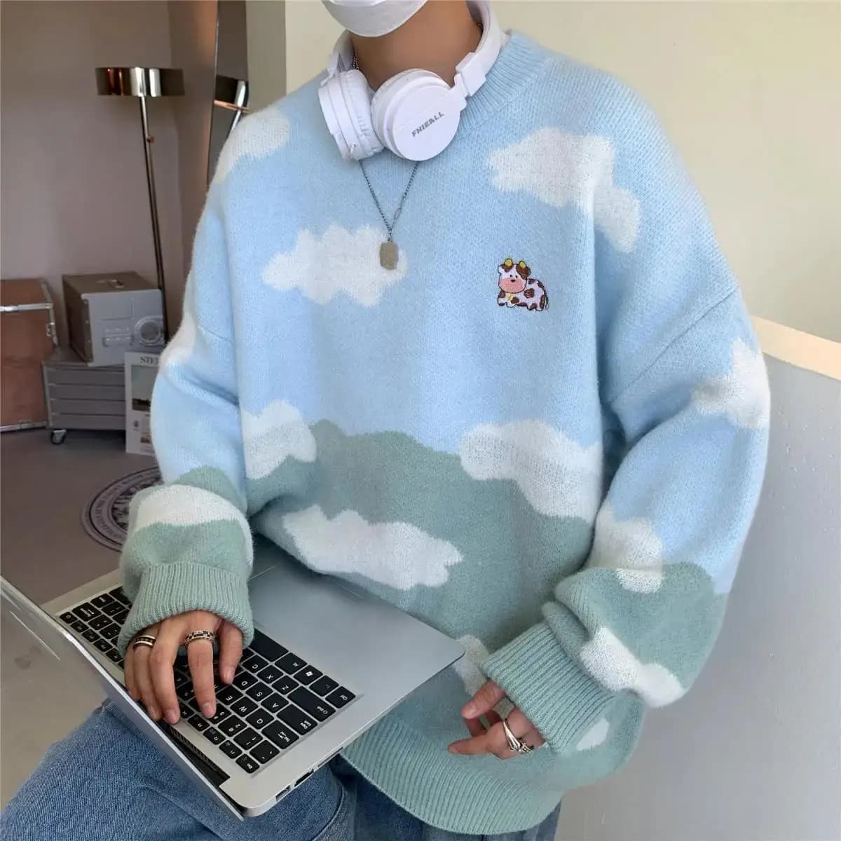 Pull bleu ciel pour femme, imprimé vache mignon, mode nuages, vêtements d'hiver, couples respirants,