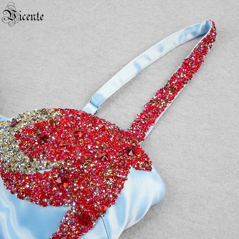 VC Sling-Robe longue en satin avec motif étoile de mer et diamant, fourche fendue, sangle à encolure