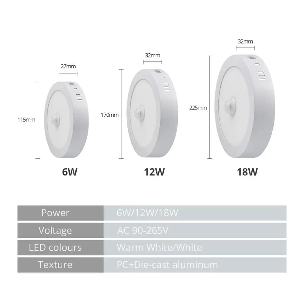 PIR détecteur de mouvement LED plafonniers 6W 12W 18W coque en aluminium Downlight lampe 110V-220V p
