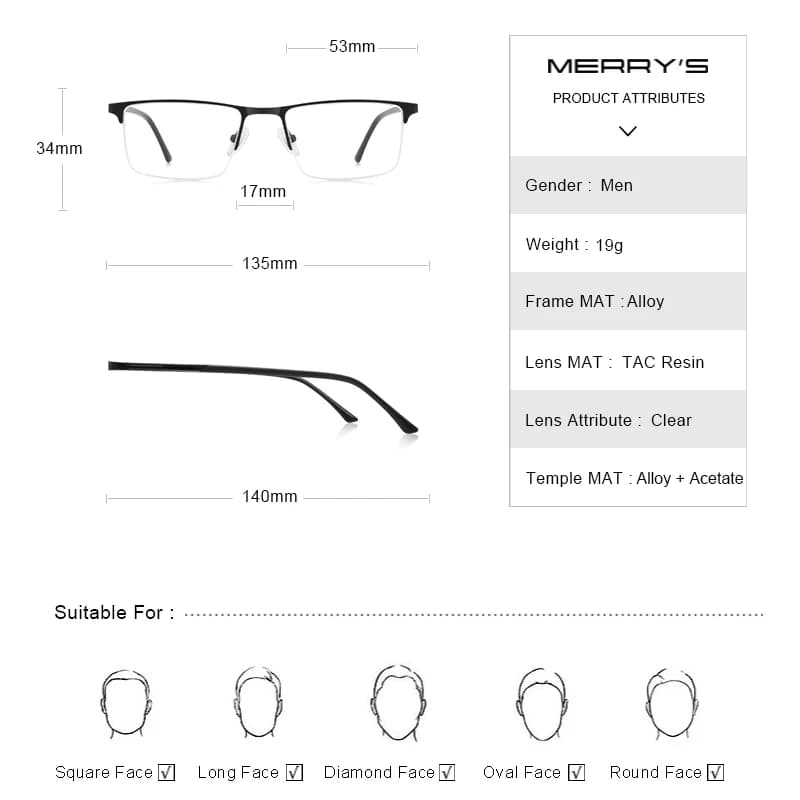 MERRYS-Lunettes à monture carrée pour hommes, demi-optique, ultralégères, style business, myopie, en
